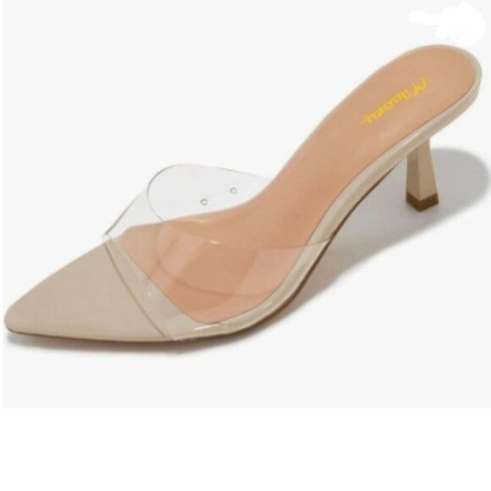 Milooey Beige Comfy Kitten Heel Mules Open Pointed Toe Slide Sandals Shoes